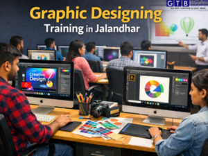 Graphic Designing Training in Jalandhar banner showcasing design course features, tools like Photoshop and Illustrator, and job placement support.