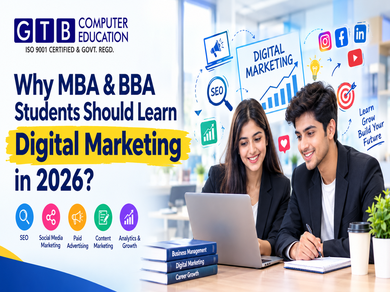 MBA and BBA students learning digital marketing, including SEO, social media marketing, paid advertising, content marketing, and analytics in 2026.